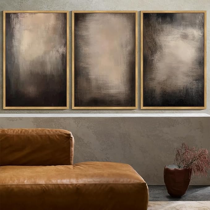 KUVIOKE Abstract Framed Wall Art Set Earthy in Deep Brown and Beige Tones Modern Art Decorative Home Decor 24x36in (Natural Framed)