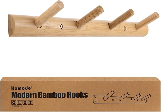 Homode Modern Bamboo Wooden Entryway Coat Hooks, Bathroom Kitchen Towel Rack, Wall Mounted Coat Rack Hat Hanger with 4 Hanging Pegs (Natural)