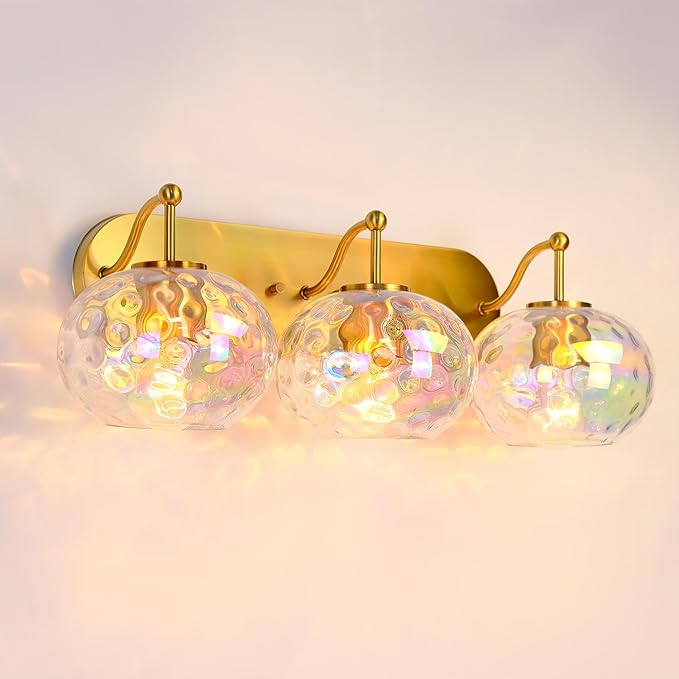 23" Brushed Gold Vanity Light Stained Hammered Glass Wall Sconce 3-Light Brass Wall Lamp for Hallway Living Room Stairwell Bathroom Over Mirror (Brass Gold, 3-Light)