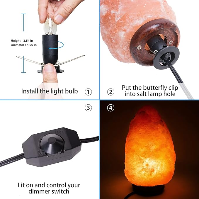 2-Pack Salt Lamp Cord Replacement with Dimmer Switch 5 feet Lamp Cord and 6-Pack Halogen Salt Lamp Bulbs(15 Watts)