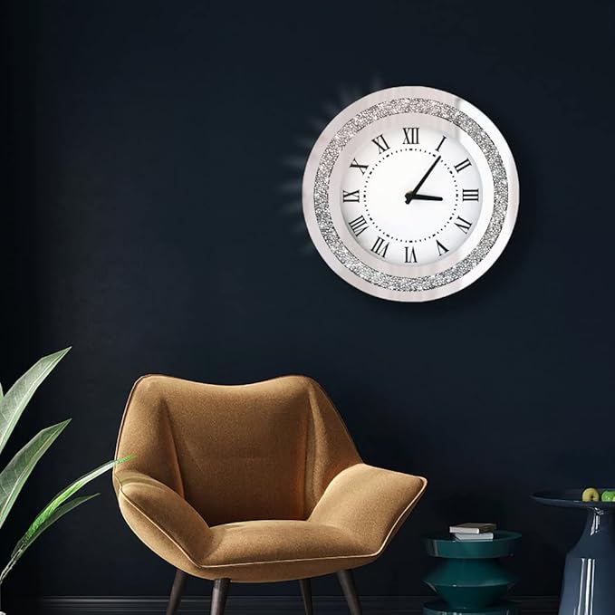 Silver Round Mirror Clock 12inch Crystal Sparkle Twinkle Bling Crush Diamond Mirrored Wall Clock for Wall Decoration Silver Glass Mirror Home Decor. AA Battery is not Included.