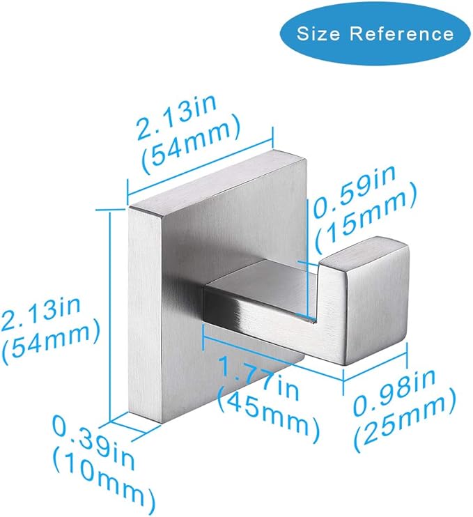 TASTOS Bath Towel Hooks Brushed Nickel, 2 Pack Stainless Steel Robe Coat and Clothes Hook, Heavy Duty Wall Hook for Bathroom & Kitchen, Modern Square Style Wall Mounted (Silver)