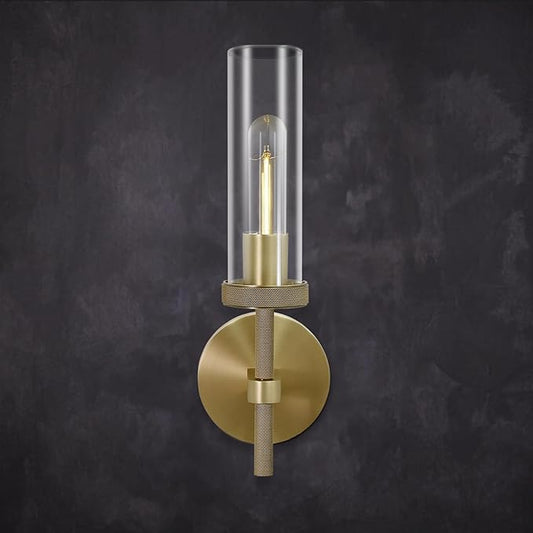 Brass Wall Sconces Lights Indoors, 14" Knurled Linear Sconce, Gold Bathroom Wall Sconces, Glass Tube Vanity Sconces Wall Lighting, Wall Lights for Mirror, Living Room, Bedroom, Hallway
