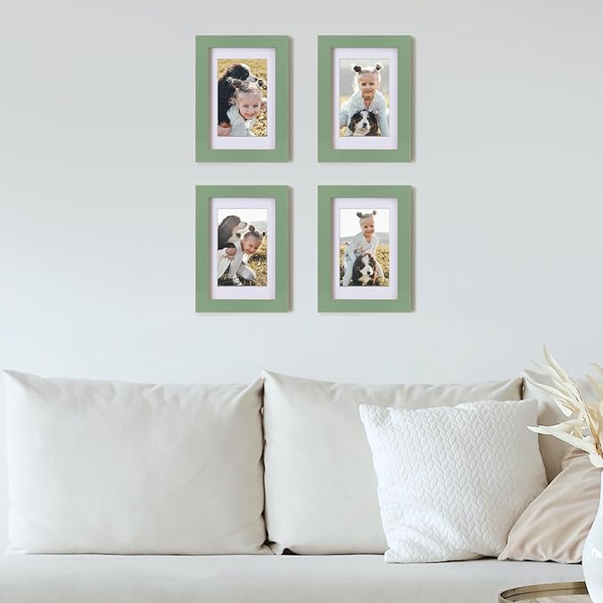 Egofine 4x6 Picture Frames 4PCS Covered by Plexiglass for Picture 3.5x5 with Mat or 4x6 whitout Mat Made of Solid Wood for Table Top Display and Wall Mounting Photo Frame, Green