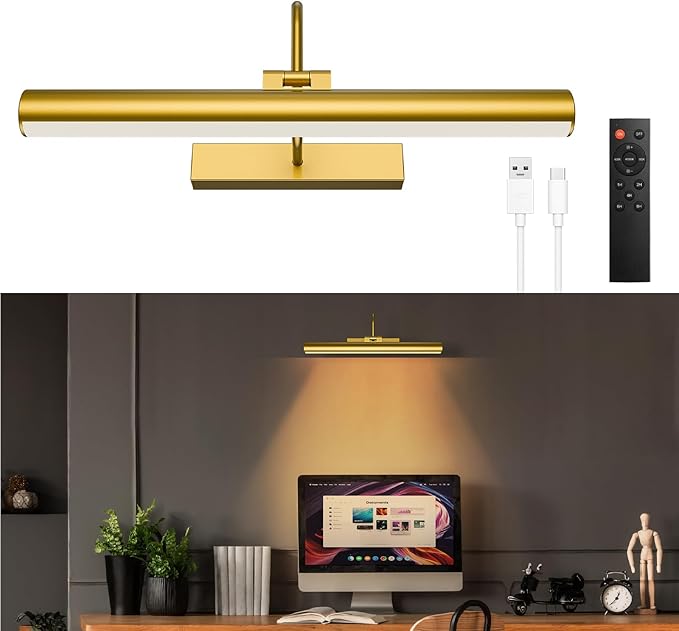 Cordless Picture Light for Wall, Battery Operated Art Light with 3CCT Dimmable, 5200mAh Battery Wall Sconce with Remote & Timer, 13in LED for Paintings, Gallery Artwrok, Picture Display - Golden