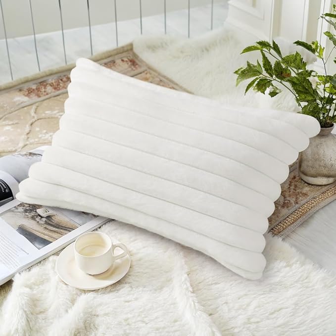 decorUhome Faux Fur Christmas Throw Pillow Covers 12x20 Set of 2, Decorative Soft Plush Striped Lumbar Neutral Couch Euro Pillow Covers with Velvet Back for Sofa, Bed, Living Room Home Decor, White