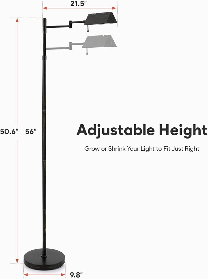 VONLUCE Dimmable LED Floor Lamp, 56" Floor Lamp for Living Room with Adjustable Height Swing Arms 3 Color Temperatures, Industrial Standing Pole Lamp for Bedroom Reading, Rustic Black