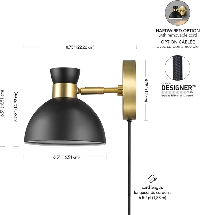 GLOBE Electric 65000100 1-Light Plug-in or Hardwire Wall Sconce, Matte Brass, Black Pivoting Metal Shade, 6ft Black Cord, in-Line Rocker Switch, Wall Lights for Living Room, Hanging Lamp