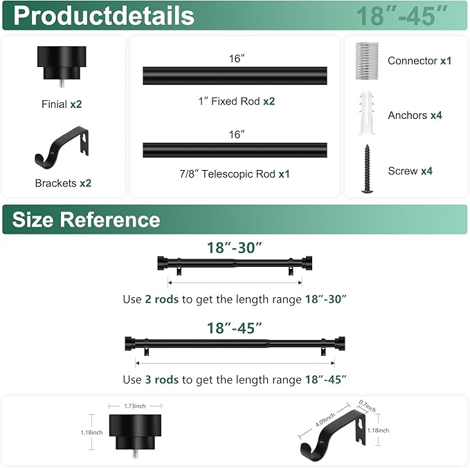 Black Curtain Rods for Windows 28 to 48 Inch(2.3-4ft),1 Inch Diameter Heavy Duty Curtain Rods,Adjustable Curtain Rod,Modern Decorative Drapery Rods,Telescoping Window Curtains Rod 18-45",Matte Black