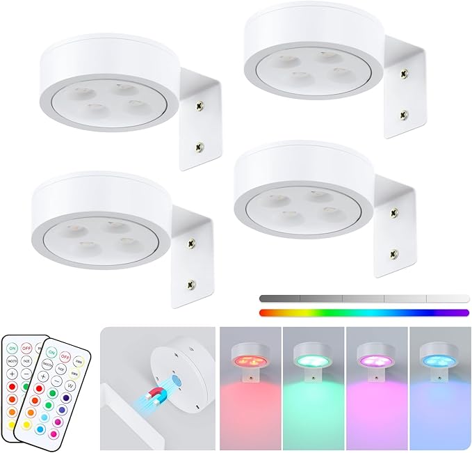 4-Pack Picture Light Battery Operated with Remote,13 Color Dimmable and Timer Painting Light, Art Display Light for Picture Frame Artworking Portrait, Home Wall Decor White Magnetic wall lights
