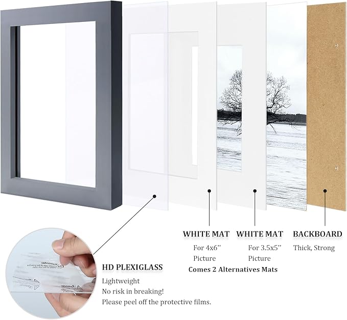 Egofine 5x7 Picture Frames 4 Pack Covered by Plexiglass for Picture 4x6 with Mat or 5x7 whitout Mat Made of Solid Wood for Table Top Display and Wall Mounting Photo Frame, Dark Gray
