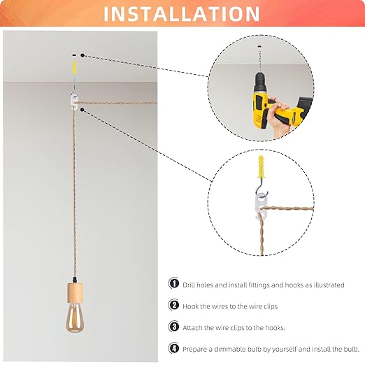 Arturesthome Wood Pendant Light Cord Kit with Dimmable Switch,16.4FT Vintage Industrial Hanging Plug in Lamp Cord with Twisted Nylon Rope Socket E26 E27 for Farmhouse Lamp Cable Retro DIY