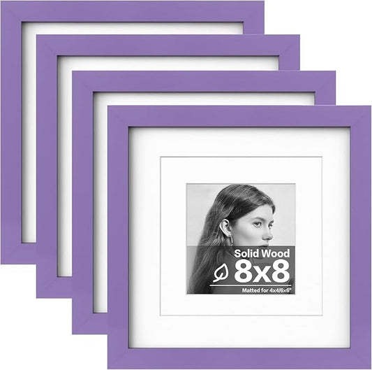 Egofine 8x8 Picture Frame 4PCS, Made of Solid Wood Covered by Plexiglass Display 4x4/6x6 with Mat or 8x8 without Mat, for Table Top Display and Wall Mounting Photo Frame, Purple