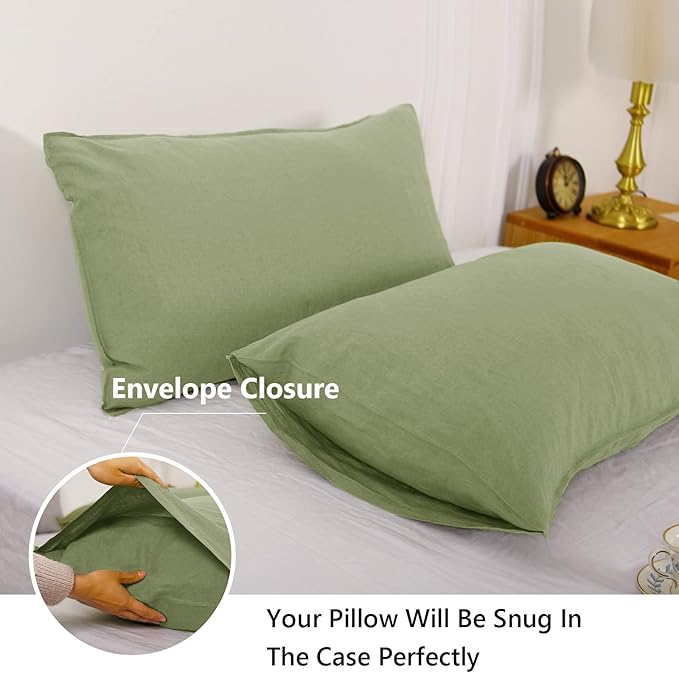 Simple&Opulence 100% Linen Pillowcases Basic Style Solid Color Set of 2, King Size Stone Washed Flax Pillow Cover Envelope Closure (20''x40'', Sage Green)