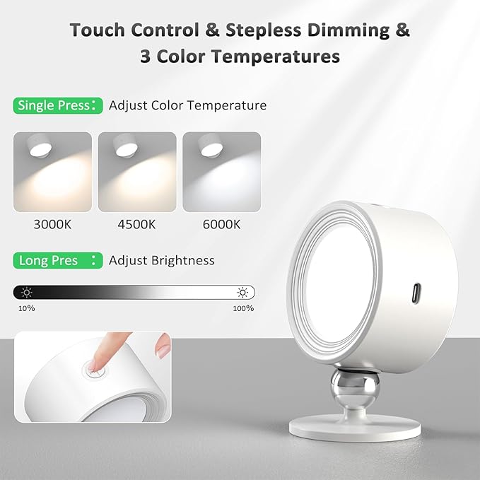 LED Wall Lights, Wall Lamp 3 Color Temperatures & Dimmable Magnetic 360° Rotation with Remote, Wall Sconces 3 Pcs with 3000mAh Rechargeable Battery, Cordless Wall Light for Reading Bedside Hallway