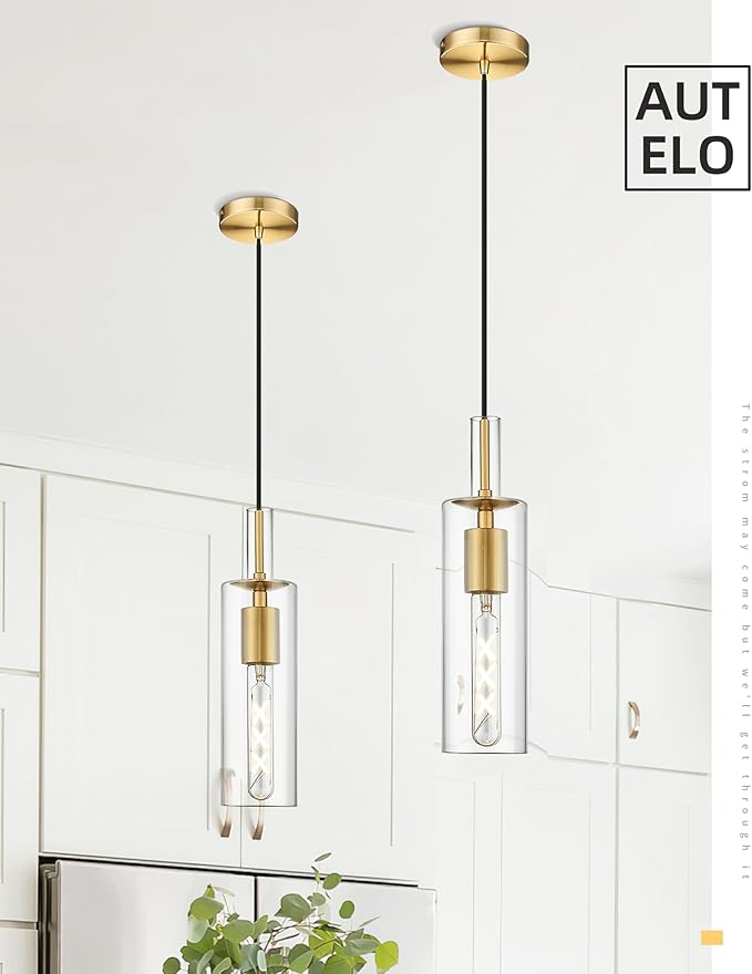 AUTELO 2 Pack Pendant Light Fixtures, Brushed Gold Pendant Lights Kitchen Island, Vintage Cylinder Glass Pendant Lights, Hanging Light for Kitchen Island, Dining Room, H3875 BGNR-2PK