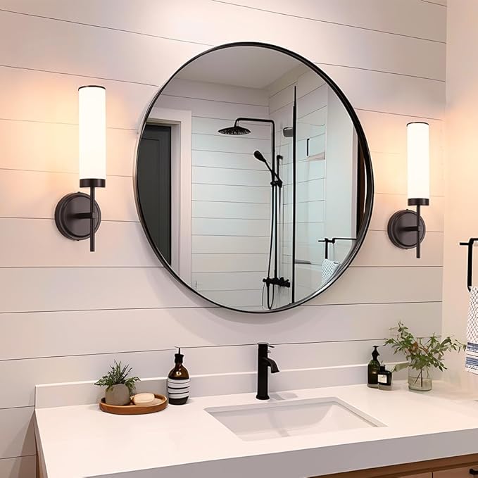 Matte Black Wall Sconces Set of 2, Modern Bathroom Sconces Wall Lighting with Opal White Glass, Vanity Light Fixtures for Bathroom, Wall Mount Lights for Living Room Bedroom Hallway, Hardwired