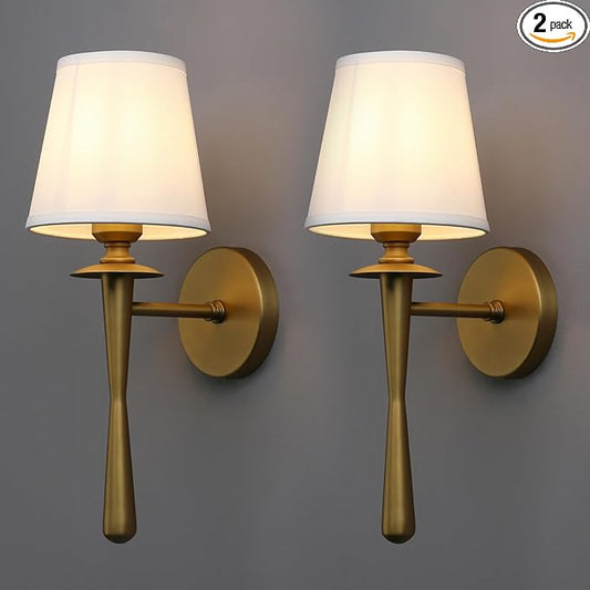 Yosoan Brass Gold Retro Boho Linen Fabric Wall Sconce Set of 2, Vintage Industrial Antique Indoor Hardwired Champagne Bronze Flared Fabric Shade for Bedroom Hallway Living Room