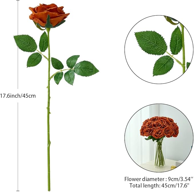 15pcs Burnt Orange Fake Roses Artificial Silk Flowers Faux Rose Flower Long Stems Bouquet for Arrangement Wedding Centerpiece Party Home Kitchen Decor(VASE NOT Included)