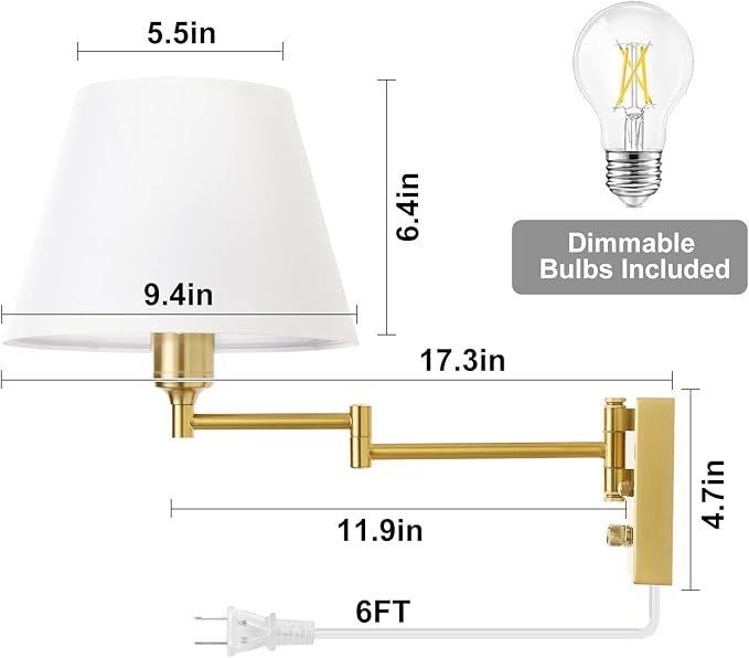 TRLIFE Wall Sconce Plug in, Brushed Brass Dimmable Wall Sconces Set of 2 Swing Arm Wall Lights with Plug in Cord and Dimmer On/Off Knob Switch, 9.4" Medium White Fabric Shade(2 LED Bulbs Included)