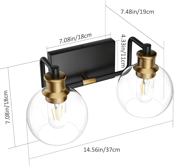 Tipace 2 Lights Vintage Bathroom Vanity Light Fixtures Over Mirror Black & Gold Industrial Vanity Lights with Globe Clear Glass Farmhouse Wall Sconces Fixture(Exclude Bulb)