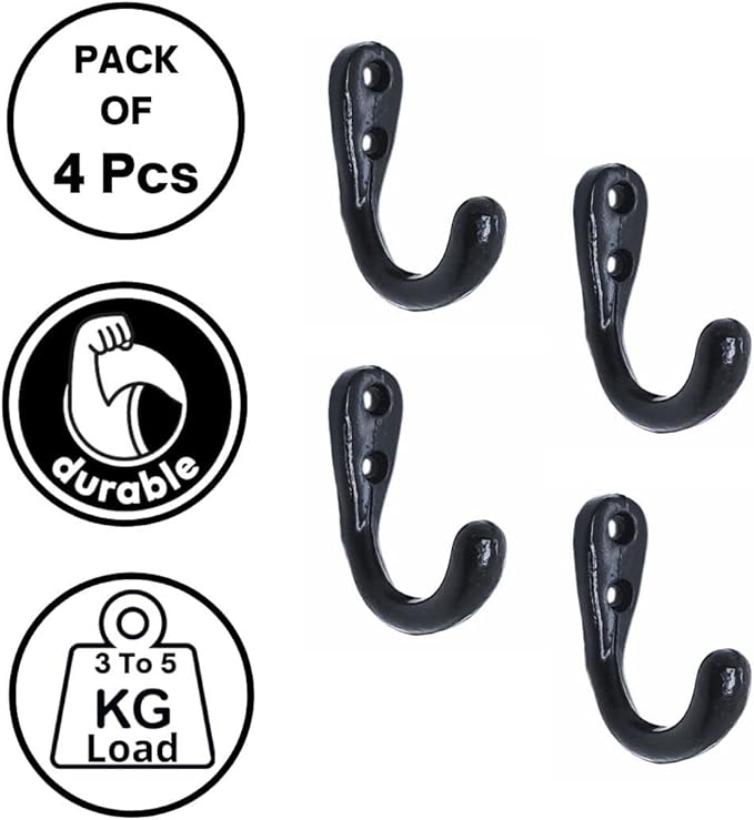 Multipurpose Hooks, Used to Hang Clothes, Bags, Coats, Curtain Hold Backs, Keys, Colour - Black, Material - Aluminium, Screws and Wallplugs Included, Pack of 4 Pieces