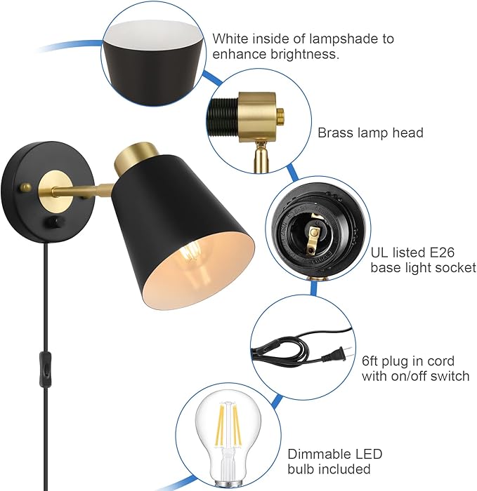 Wall Sconce Plug in, Dimmable Wall Sconces Adjustable Wall Lights with Plug in Cord and Dimmer On/Off Rotary Switch, Wall Mounted Light for Bedside Bedroom LivingRoom(2 Bulbs Included)