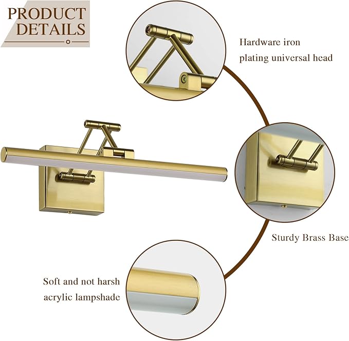 Joossnwell LED Picture Lights for Paintings Dimmable 15.5 Inch Long Hard-Wired Picture Frame Lights Brass Gallery Wall Light with Adjustable Swing Arm Art Display Lamps 7W 3000K Warm White