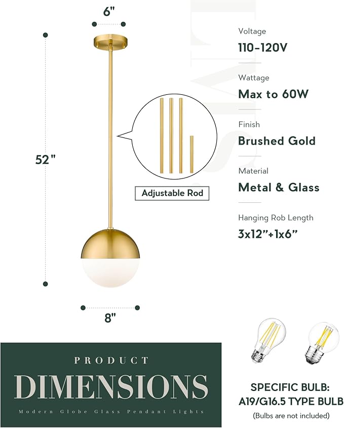 LMS 2-Pack Brushed Gold Pendant Lights, Modern Pendant Light with Milky Globe Glass Shade, Adjustable Hanging Lighting Rod for Kitchen Island Dining Room Bedroom, LMS-186BG2PK