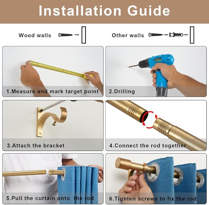 Splicing Curtain Rod for Window 28-93", Decorative Curtain Rods with Cap Finials, Adjustable 1-Inch Window Curtain Rods, Splicing Curtain Rod Warm Gold