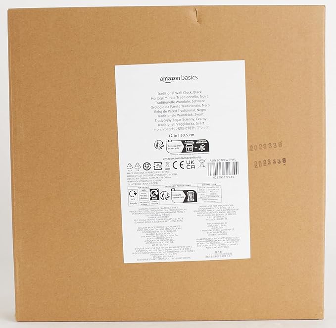 Amazon Basics Classic 12", Easy to Read, Silent Non Ticking, Battery Operated, Round Wall Clock, Black