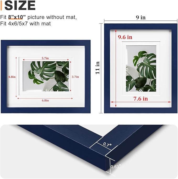 Egofine 8x10 Picture Frames 4PCS, Made of Solid Wood Display 4x6 and 5x7 with Mat Covered by Plexiglass, for Table Top Display and Wall Mounting Photo frame, Navy Blue
