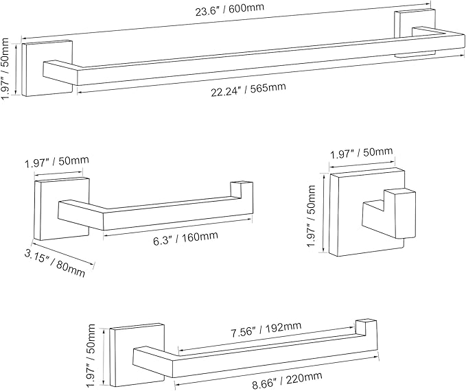 Towel Bar Set 5 Pieces Brushed Nickel Bathroom Hardware Set Includes 23.6 Inch Towel Bar Toilet Paper Holder Towel Ring Towel Hooks SUS304 Stainless Steel Hand Towel Holder for Bathroom Wall Mounted