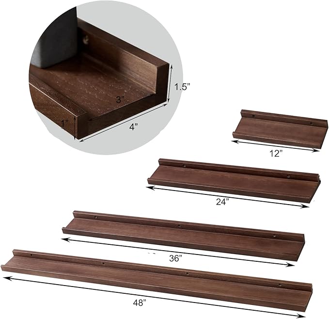 12 Inch Floating Shelves Wall Mounted, Rustic Wall Shelves for Decor and Storage, Solid Walnut Wood Shelf, Picture Ledge for Bedroom/Bathroom/Living Room/Kitchen, Walnut Color, 12*4*1.5 (1 Pack)