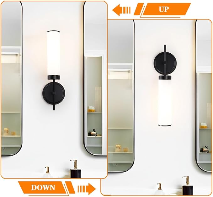 Matte Black Wall Sconces Set of 2, Modern Bathroom Sconces Wall Lighting with Opal White Glass, Vanity Light Fixtures for Bathroom, Wall Mount Lights for Living Room Bedroom Hallway, Hardwired