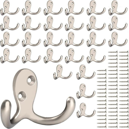 IBosins 28 Pack Heavy Duty Double Prong Coat Hooks Wall Mounted with 56 Screws Retro Double Hooks Utility Hooks for Coat, Scarf, Bag, Towel, Key, Cap, Cup, Hat