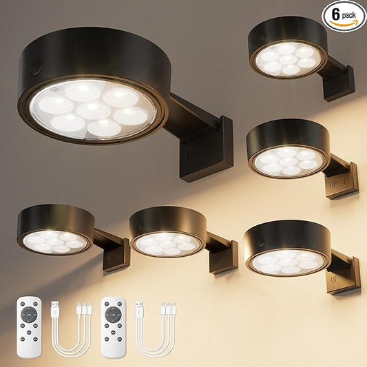 VOLISUN Picture Lights for Wall, 4000mAh Rechargeable Picture Light Battery Operated, 3 Color Temperatures Cordless Picture Light with Remote, Art Light for Painting, Gallery, Portrait, 6 Pack (Black)