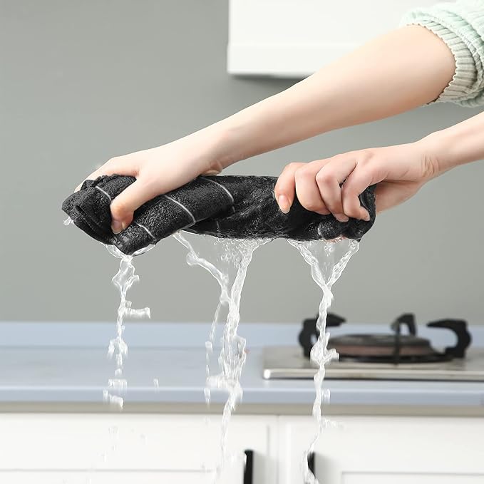 Microfiber Kitchen Towels and Dishcloths Set, 26 X 18 Inch and 12 X 12 Inch, Set of 12 Bulk Lint Free Dish Towels for Drying Dishes, Black