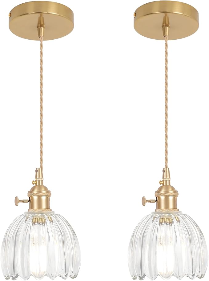 Mini Pendant Light 2 Pack with Clear Tulip Glass Lmapshade, Brass Vintage Pendant Light Adjustable Hanging Light for Kitchen Island Dining Room Hallway