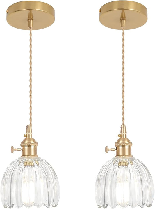Mini Pendant Light 2 Pack with Clear Tulip Glass Lmapshade, Brass Vintage Pendant Light Adjustable Hanging Light for Kitchen Island Dining Room Hallway