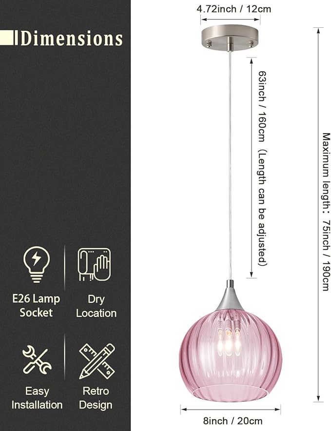 Brushed Nickel Pendant Lights Kitchen Island, Globe Pendant Light Fixtures with 8 Inch Clear Glass Shade, Modern Hanging Light Fixtures for Kitchen, Bedroom (2 Pack - Pink Glass Pendant Light)