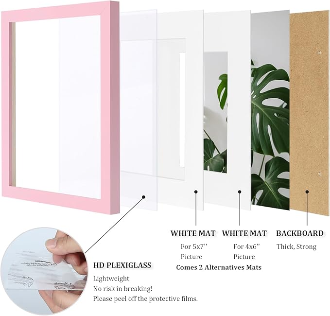 Egofine 8x10 Picture Frames with Plexiglass, Display Pictures 4x6/5x7 with Mat or 8x10 Without Mat Set of 4 for Tabletop and Wall Mounting, Pink