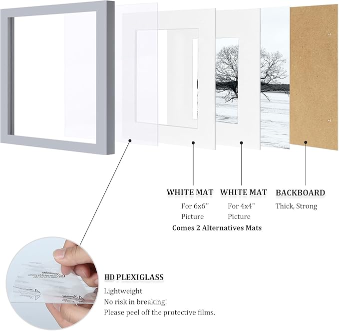 Egofine 8x8 Picture Frames 4 Pack, for Picture 4x4 with Mat or 8x8 whitout Mat Made of Solid Wood Covered by Plexiglass for Table Top Display and Wall Mounting Photo Frame, Light Gray