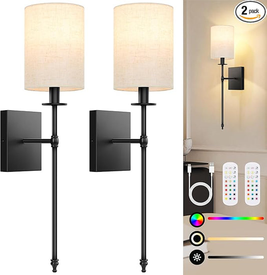 24.8 inch Battery Operated Wall Sconces Set of 2 with Remote, Rechargeable Wireless Wall Lights with Beige Fabric Shade, Indoor Not Hardwired Dimmable for Bedroom Living Room Decor