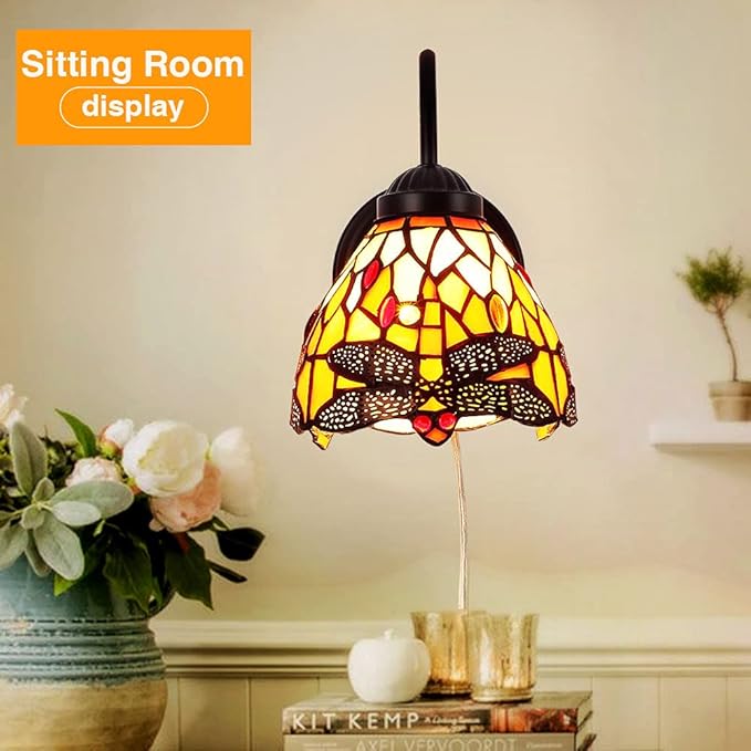 Tiffany Bedside Wall Mount Lamp with Dimmable Switch, Industrial Vintage Gooseneck Wall Sconce with Plug in Cord, Dragonfly Stained Glass Shade Wall Light Perfect for Bedroom, Living Room