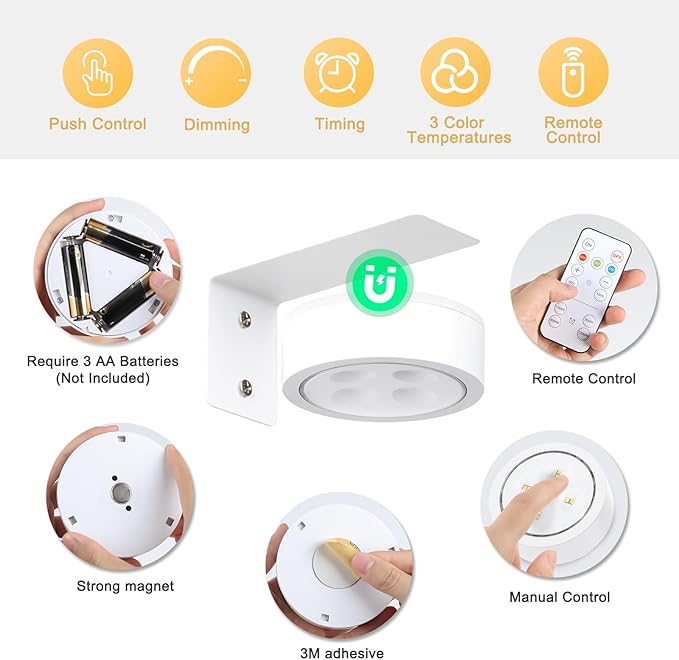 2-Pack Picture Light Battery Operated, LED Painting Lights with Remote, Dimmable and Timer Painting Light, Art Display Light for Picture Frame Artworking Portrait, Home Wall Decor wall lights, White