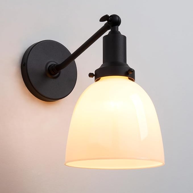 PERMO Industrial Sconces Vintage Slope Pole Wall Mount Single Sconce with 6.7" Oval Dome Milk White Glass Shade Wall Light Fixture for Livingroom Bedroom