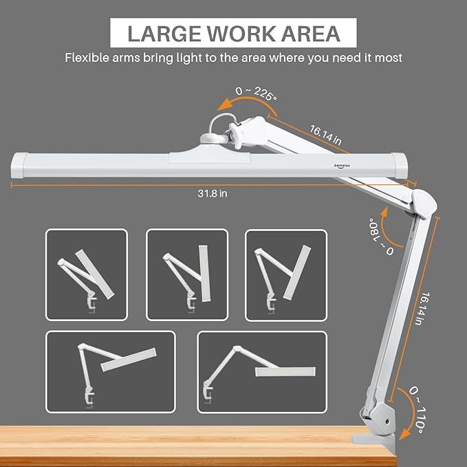 LED Architect Desk Lamp with Clamp, Metal Swing Arm 4500 Lumens Dimming Office Table Lamp for Task Work Drafting Reading Desktop, 342PCS Bright LEDs, 50W Workbench Lamp(White)