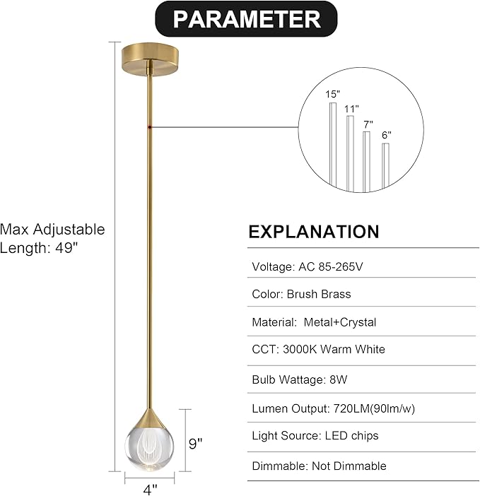 1-Light Teardrop Crystal Pendant Light, Dimmable Mini LED Crystal Hanging Light Fixtures, Gold Brushed Brass Finish Modern Ceiling Pendant Lighting for Kitchen Island Dining Room Bedroom Bar