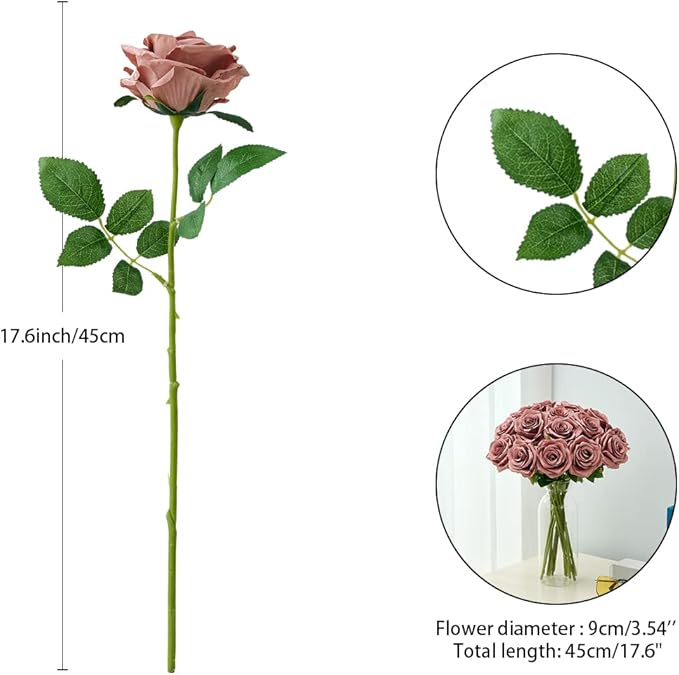 15pcs Dusty Rose Artificial Flowers Roses Fake Silk Flowers Faux Long Stem Artificial Roses for Wedding Party Bridal Show Decorations (VASE is NOT INVLUDED)